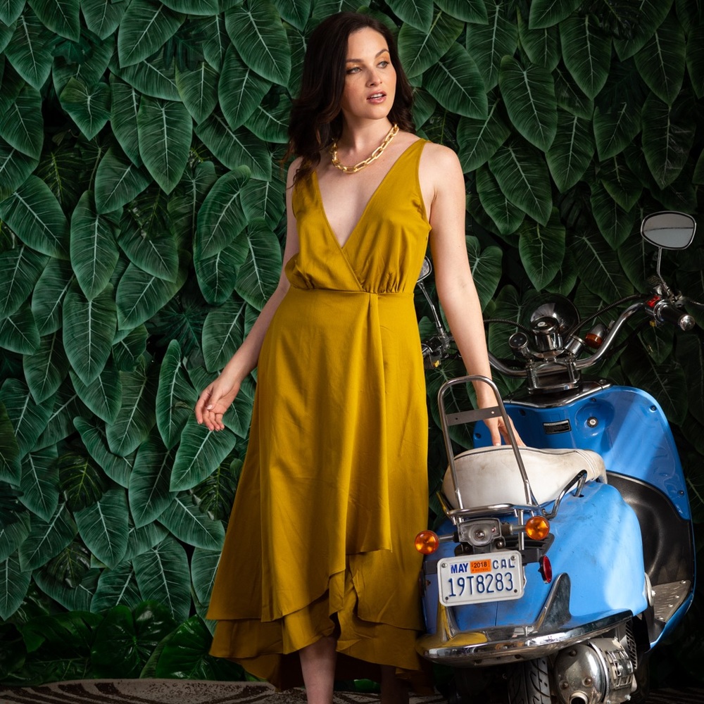 Satin Mustard Cascade Hem Dress